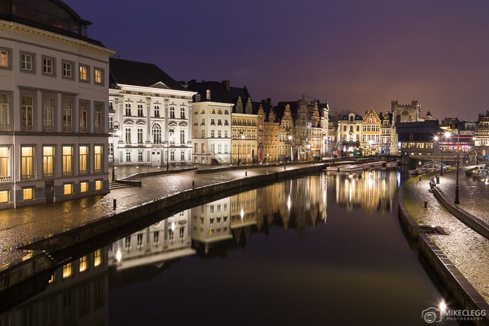 The scenic Korenlei and Graslei paths and River Leie in Ghent at night