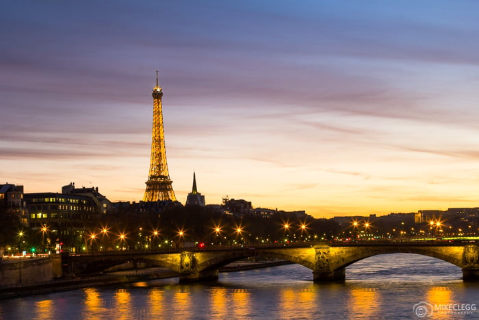 A view towards the Eiffel Tower in Paris at night