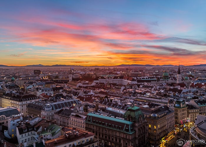 A view of the Vienna skyline at sunset