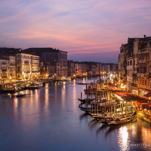 Views of the Grand Canal from Rialto Bridge at sunset