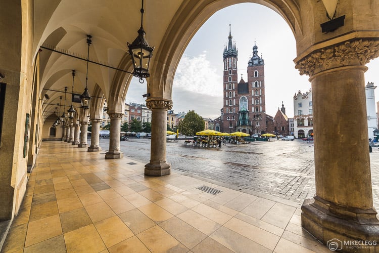 St. Mary’s Basilica and buildings on Rynek Glowny in Krakow