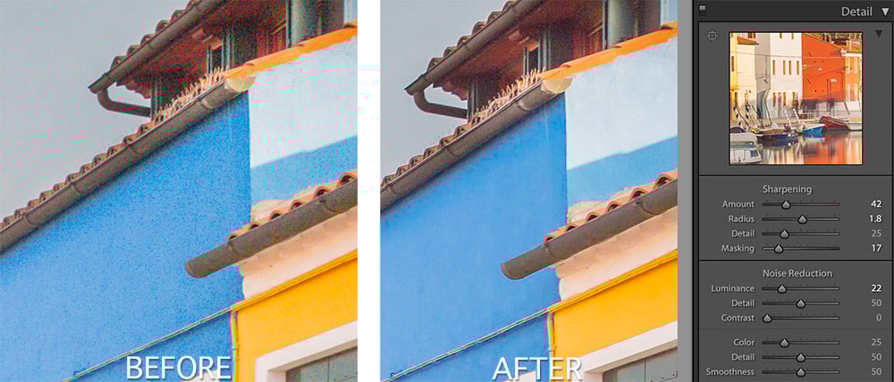 Burano Edit - Noise example, before and after
