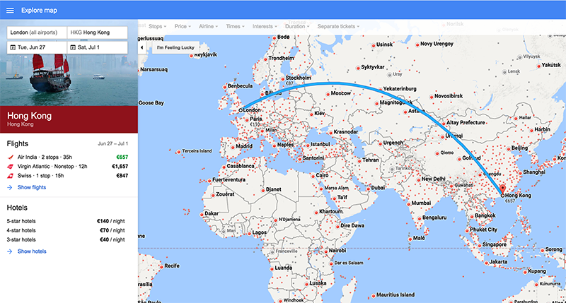 Screenshot of Google Flights Map View