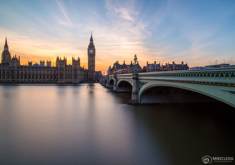 Sunset behind Houses of Parliament, London