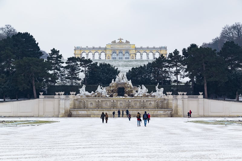 Schönbrunn Park and Gloriette in the winter with snow