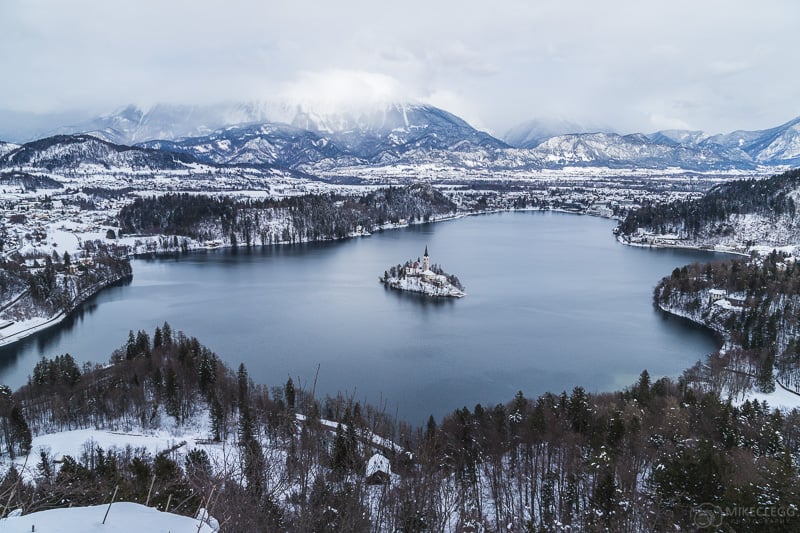 Bled Lake from Osojnica in the winter with snow