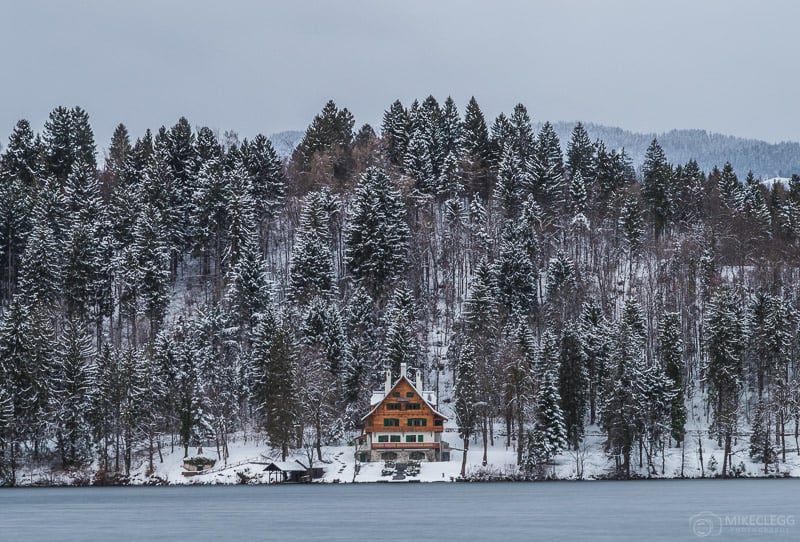 Buildings along Bled Lake in the winter