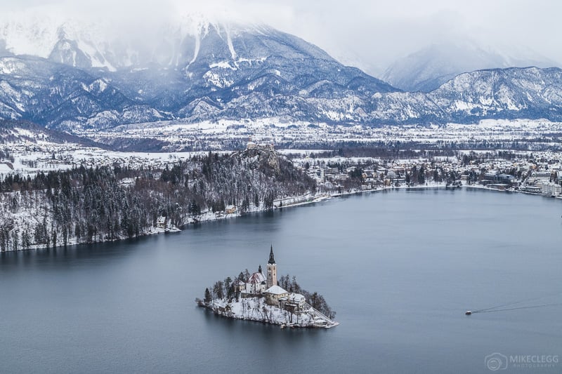 View of Bled Lake from Osojnica in the winter with snow