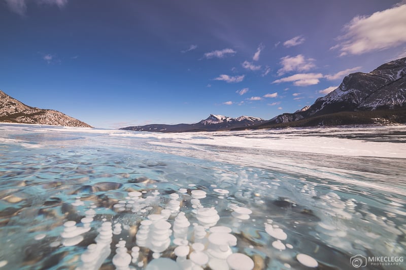 Methane bubbles at Abraham Lake in the winter