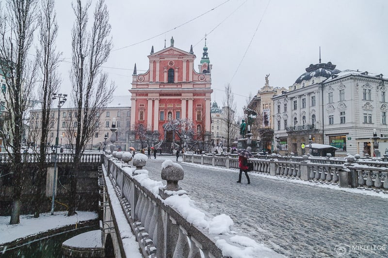 Triple Bridge (Tromostovje) in the winter with snow