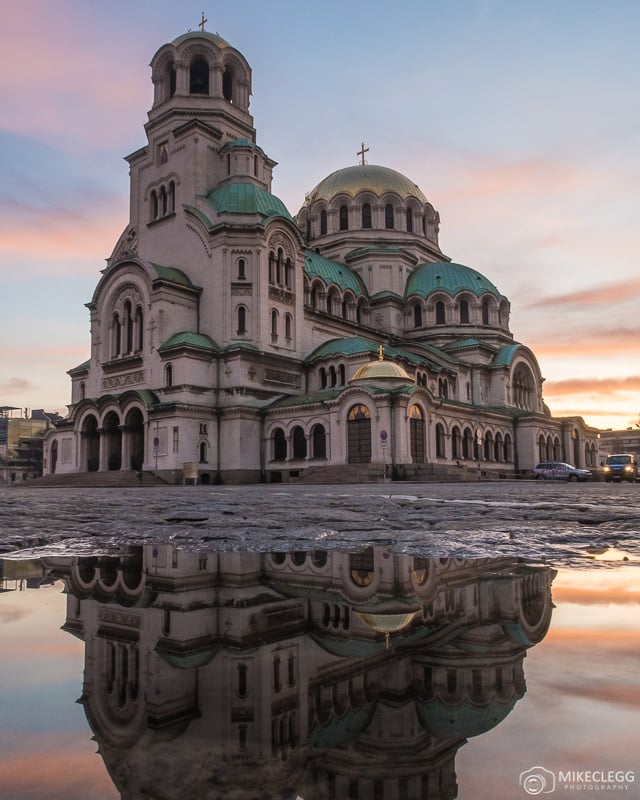 Cathedral Saint Alexandar Nevski and colourful sunrise reflections