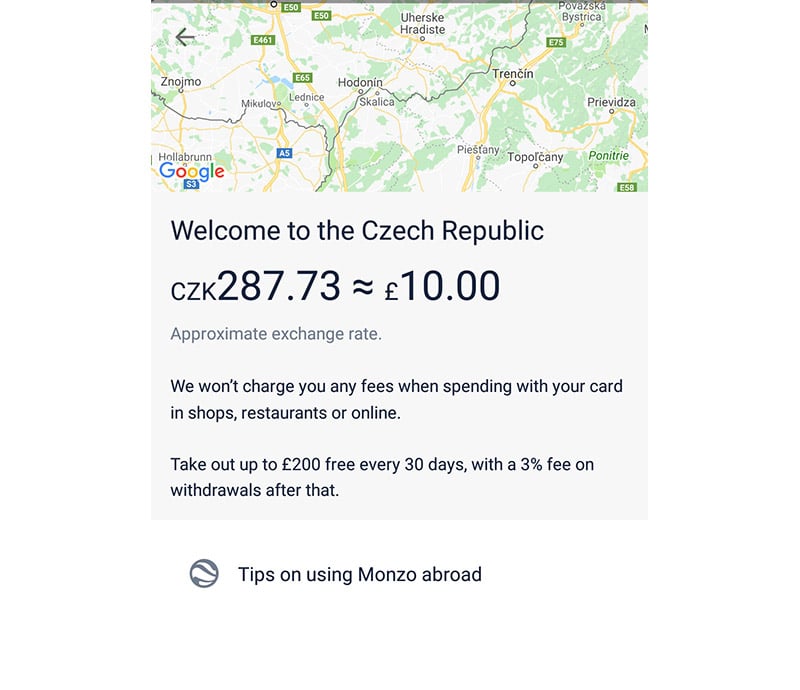 Monzo country welcome screen