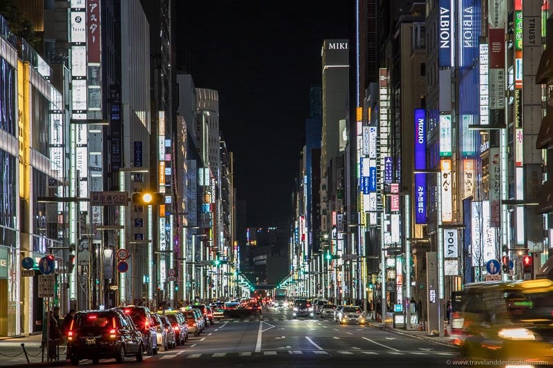 Views along Ginza in Tokyo at night