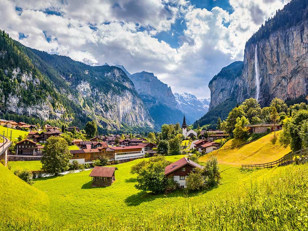 Colorful summer view of Lauterbrunnen village