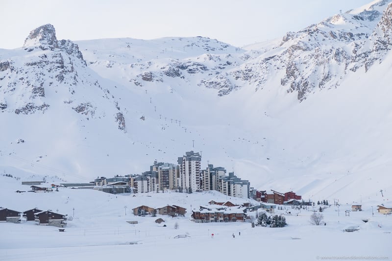 Ski resorts among the mountains in the winter