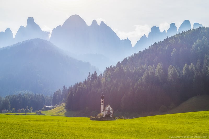 St. John of Nepomuk in Ranui and mountains in the morning