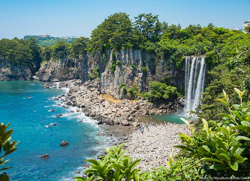 The Jeongbang Waterfall in Jeju Island