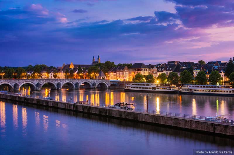 Maastricht and Maas River at twilight