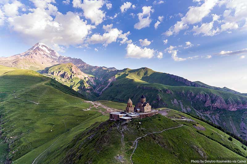 Gergeti Trinity Church and mountains in Georgia