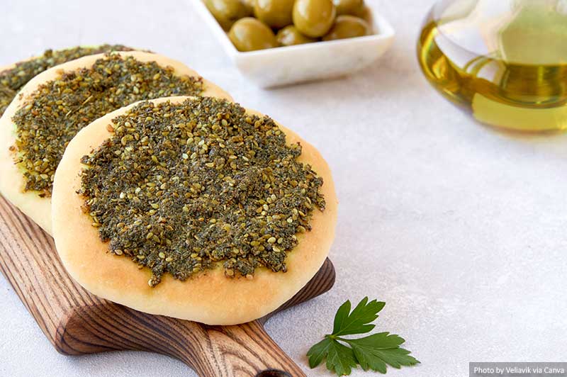 Zaatar manakeesh with olives and olive oil