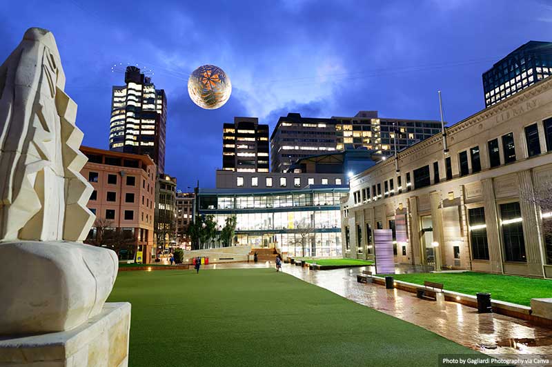 Wellington City Gallery at night and surrounding buildings