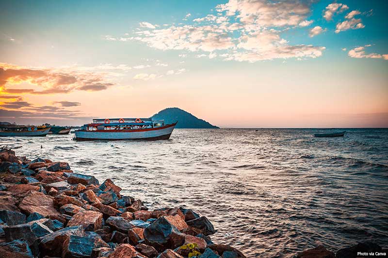 Beautiful view of the Malawi lake with a ship in the water