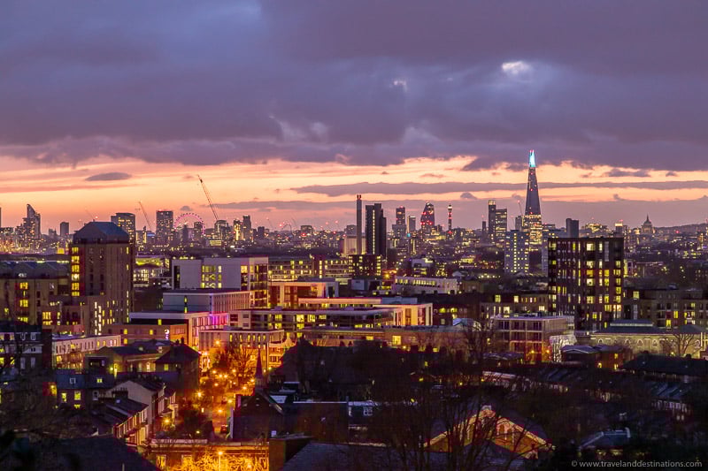 Skyline views from The Point, London at night