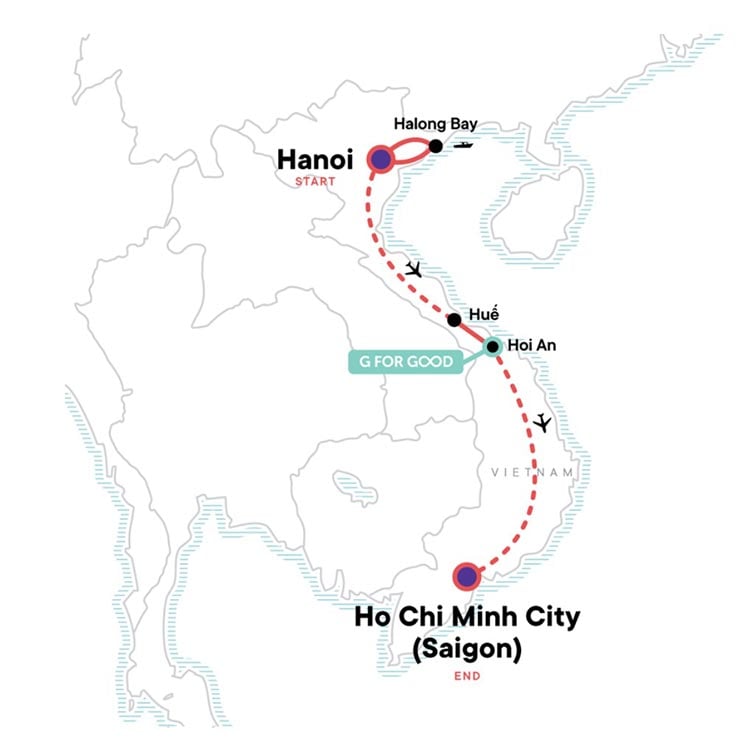 Map showing Vietnam Itinerary - From G Adventures