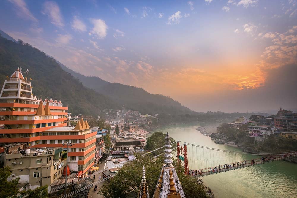 View of Rishikesh in India at sunset