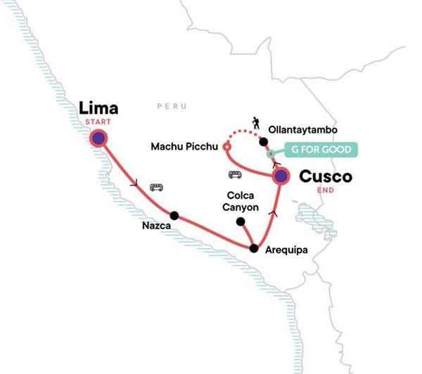 Map showing Peru Itinerary example