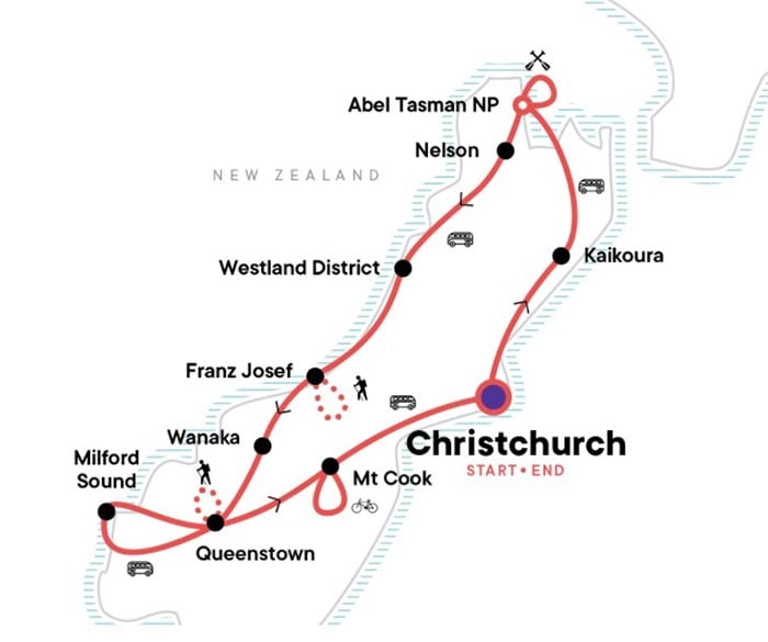 Map showing New Zealand Itinerary - From G Adventures