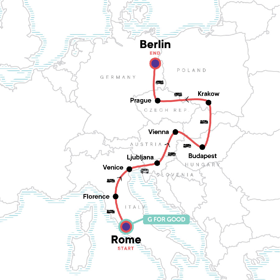 Map showing Austria and nearby countries itinerary - From G Adventures