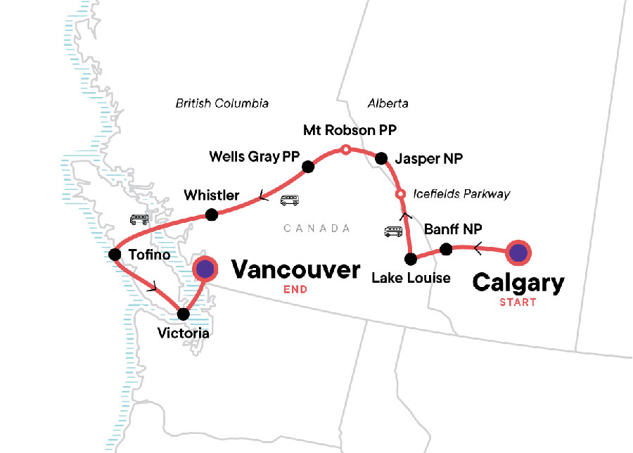 Map showing Canada Itinerary - From G Adventures