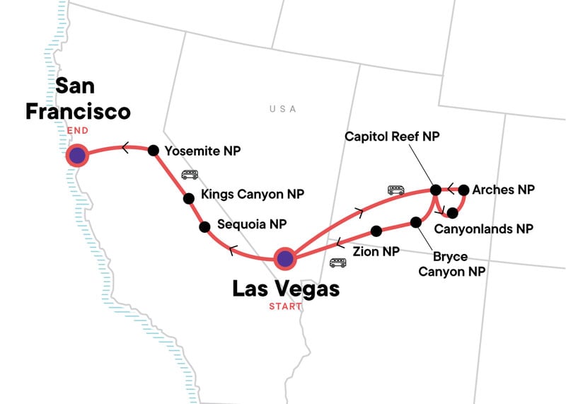 Map showing USA Itinerary - From G Adventures