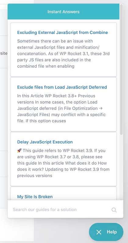A screenshot showing the helpful documentation that forms part of WP Rocket
