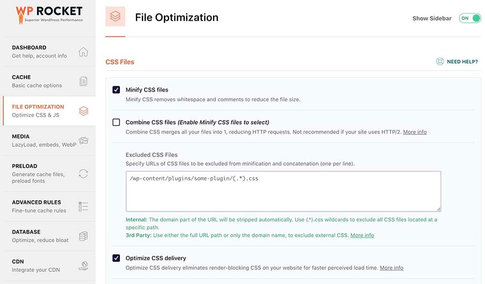 A screenshot showing the sections in WP Rocket for controlling settings