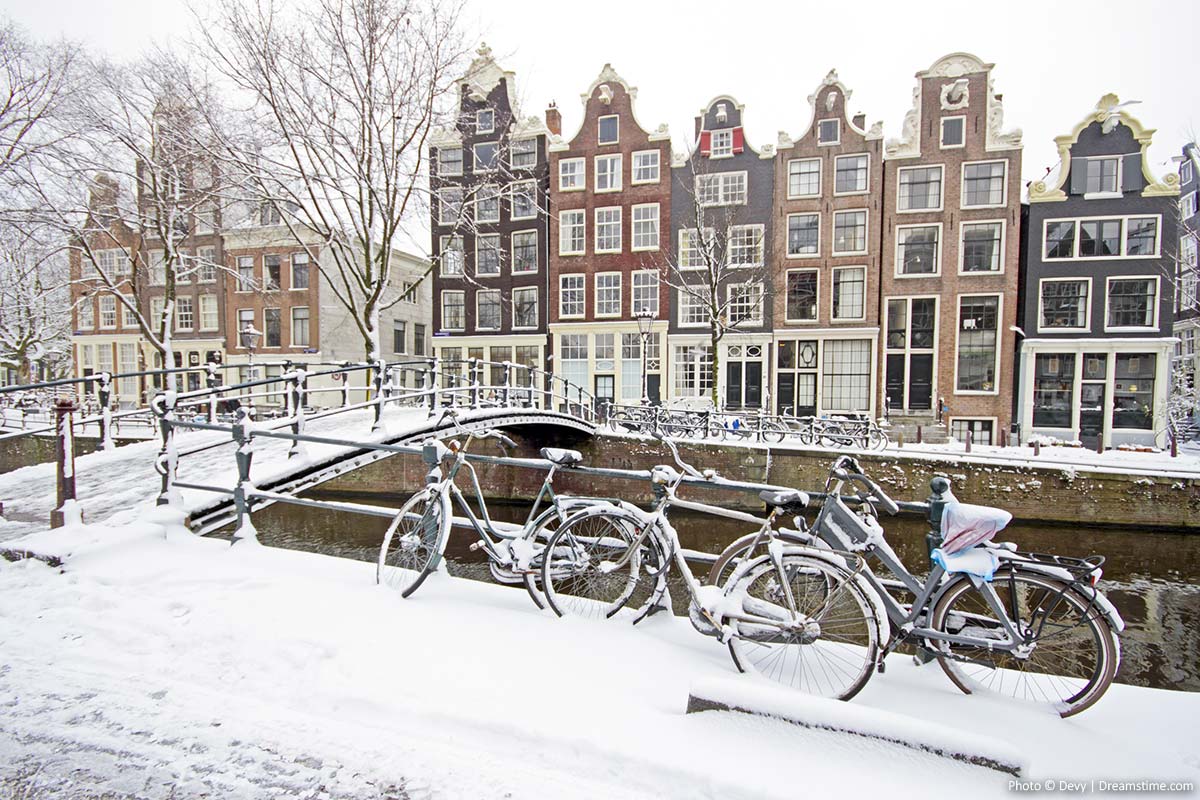 Snow in Amsterdam in the winter