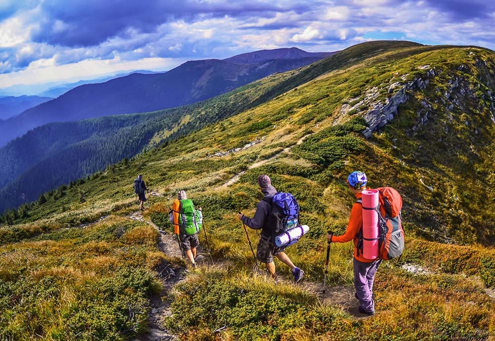 Hikers in Carpathian mountains