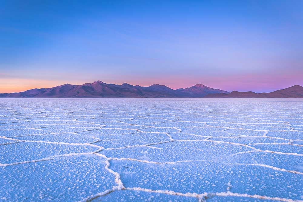 Landscape of the Uyuni Salt Flats at sunrise, Bolivia