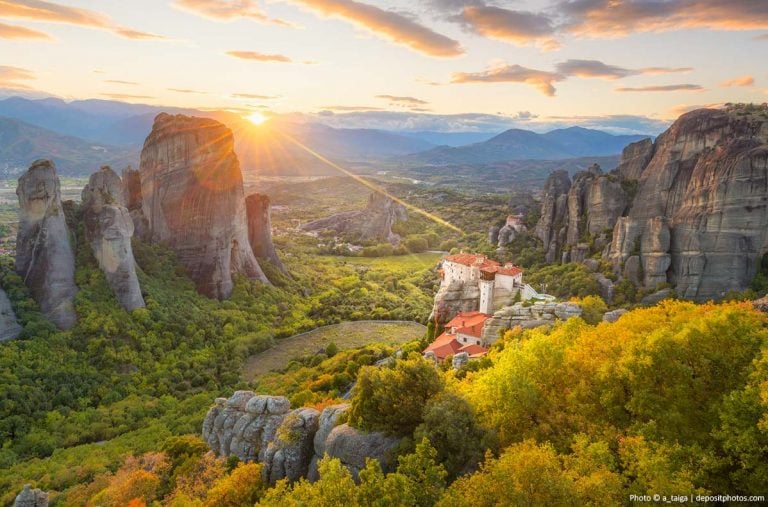 Meteora in Greece at sunset