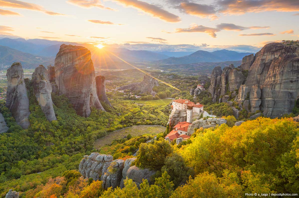 Meteora in Greece at sunset