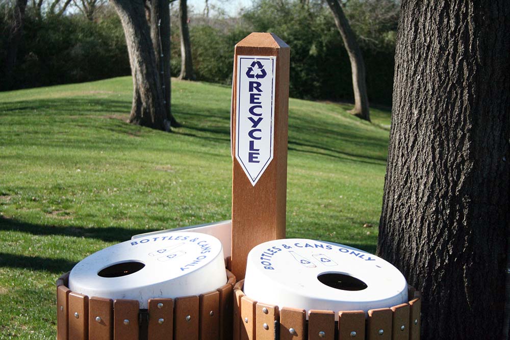 Recycling bins in a park